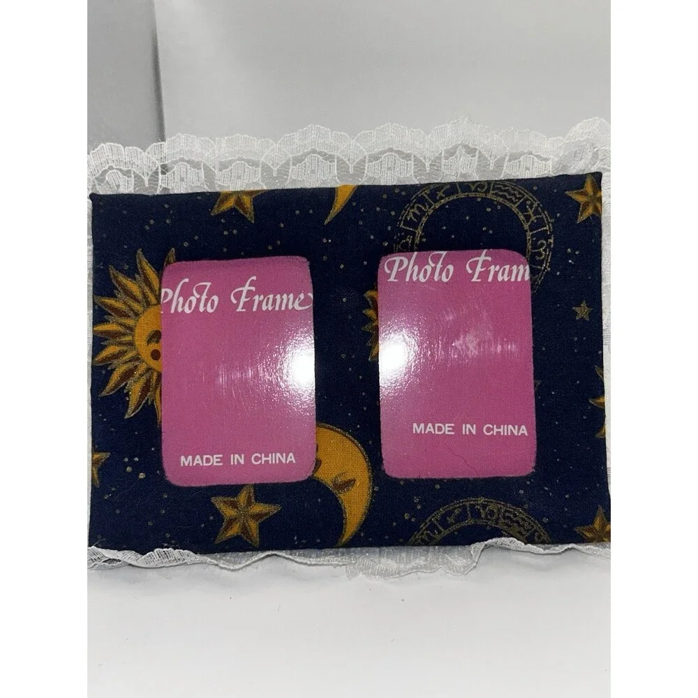Vintage Celestial Sun Moon Stars Double Photo Frame Lace Trim Cottagecore Boho